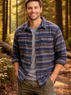 Patagonia Navy, Gray & Brown Striped Flannel Casual Shirt